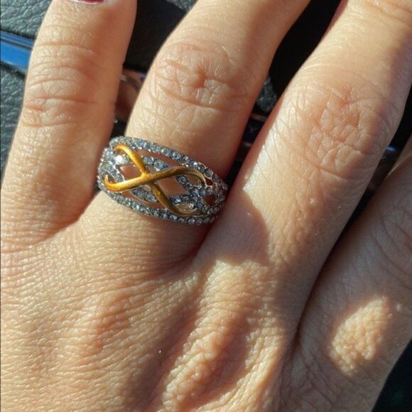 Silver and Yellow Gold Two Tone Braided Diamond Cubic Zirconia Infinity Ring - Picture 4 of 4